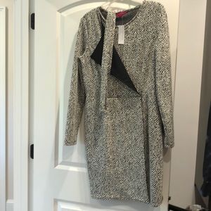 Black/cream pattern faux wrap dress.